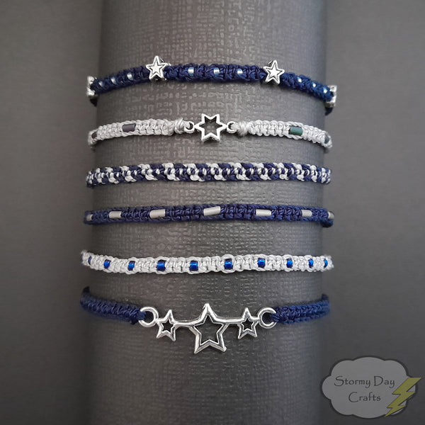 Dark Blue Star Stackable Friendship Bracelets: Sets of 6, 3, or SINGLES, Minimalist Macramé Design, Waterproof, Gift Idea, Adjustable