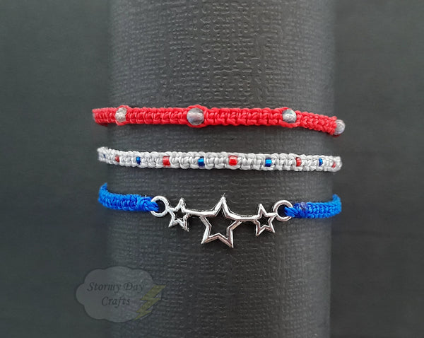 USA, Red White & Blue, Patriot, Stackable Friendship Bracelets: Set of 3 or SINGLES, Minimalist Macramé Design, Waterproof, Adjustable, THIN